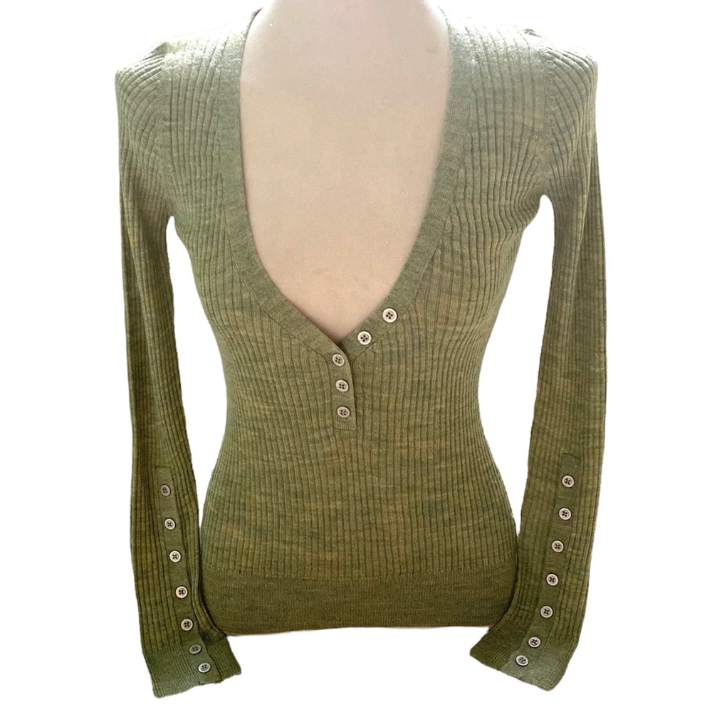 Free People Green Long Sleeve Wool-Blend V-Neck Henley Small 4-6